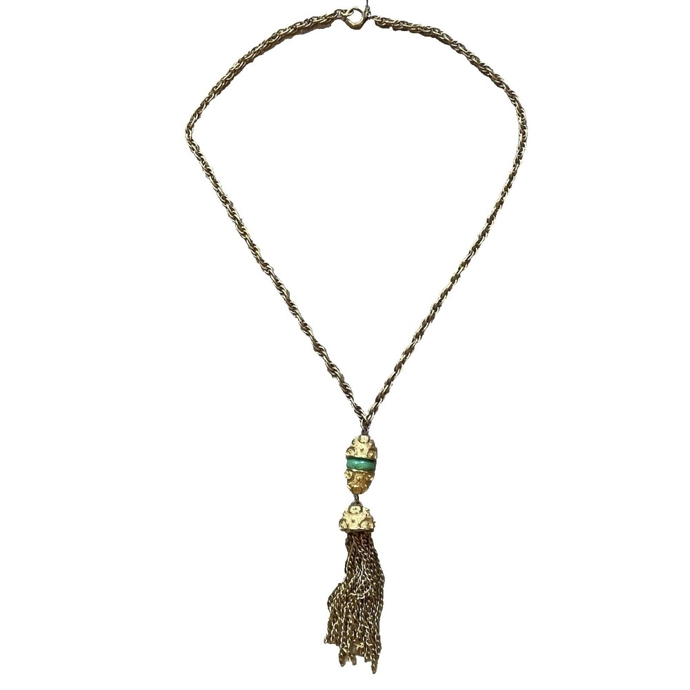 Vintage Tacoa Gold Tone Necklace with Tassel Pendant 18 inch Green Enamel
